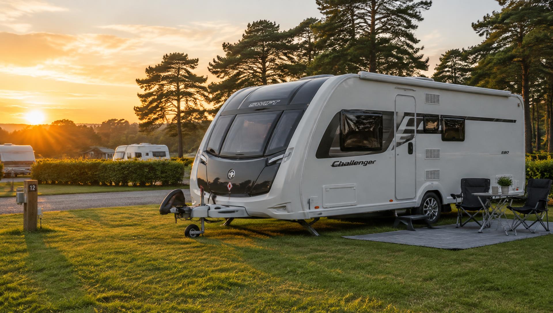 A touring caravan pitched at a peaceful park at sunset